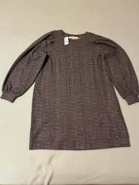 LOFT Petite Black and White Textured Long Sleeve Dress with Puff Sleeves
